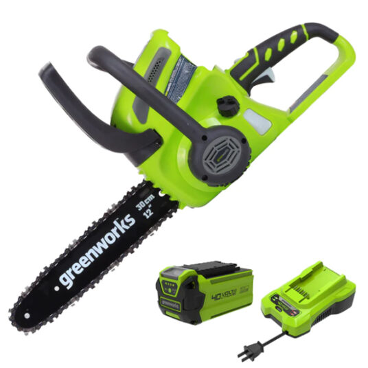 Greenworks 12″ 40V cordless chainsaw with battery and charger for $120